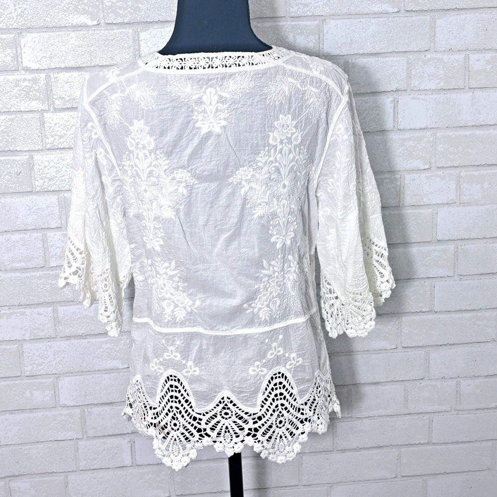 White Eyelet Lace Crochet Top Small Boho Cottage Romantic Coastal Resort Beach - Picture 3 of 11